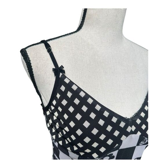 Forever 21 Black White Checkerboard Butterfly Floral Mini Slip Dress M - Picture 2 of 9